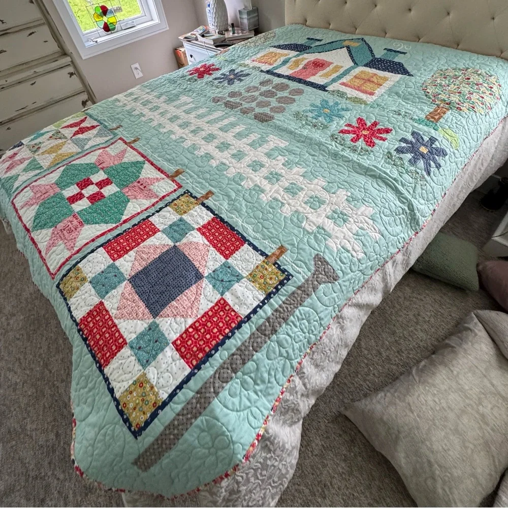 Homemade Aqua Blue Quilted Folk Art Quilt with Geometric Patterns - Picture 6 of 10